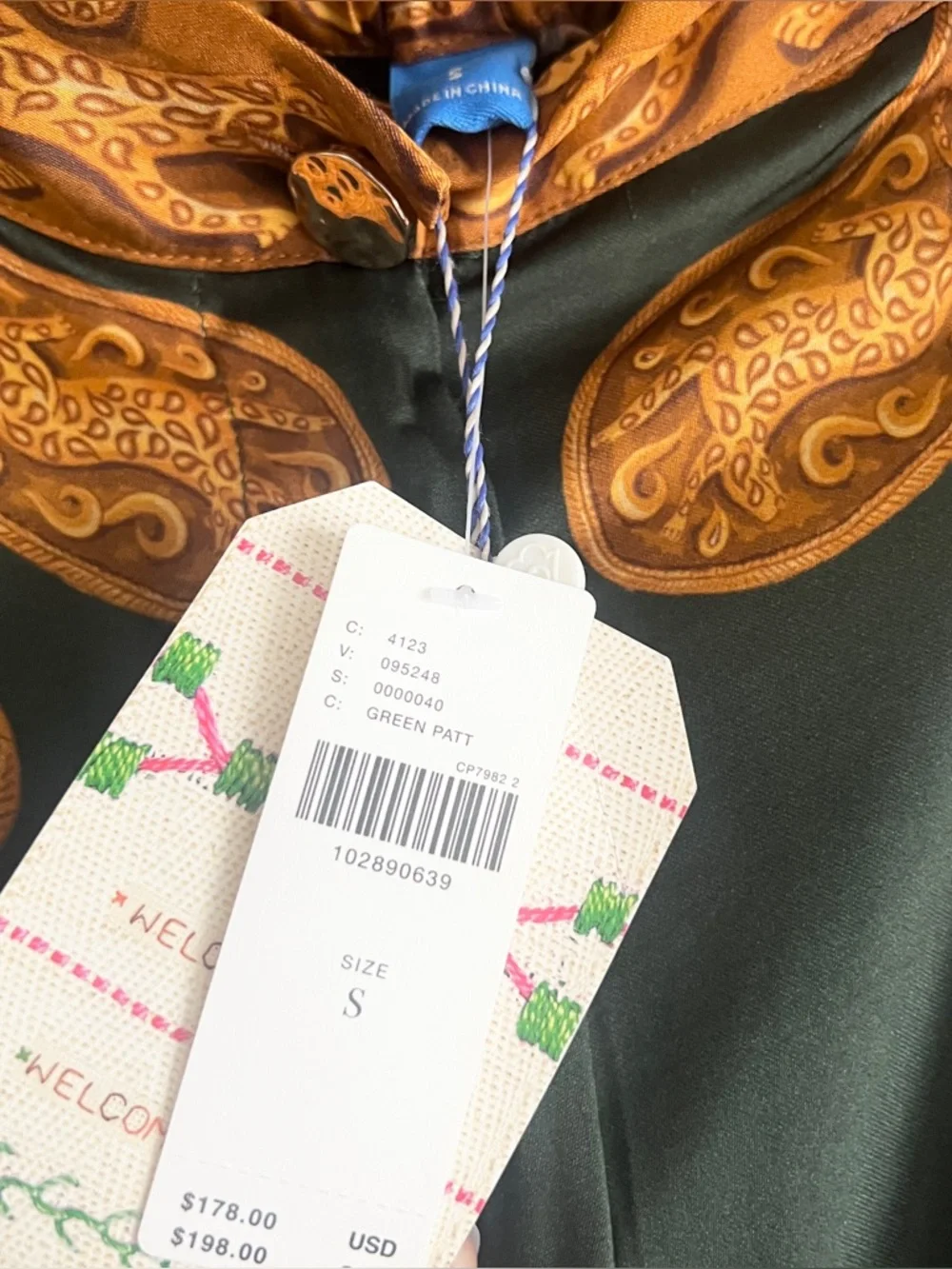 FARM Rio Olive Green Wide-Leg Pants with Golden Paisley Print Size Small NWT
